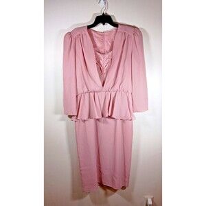 Vintage Patra Pink Chiffon Layer 80s Peplum Puff Sleeves Applique Dress Size 10